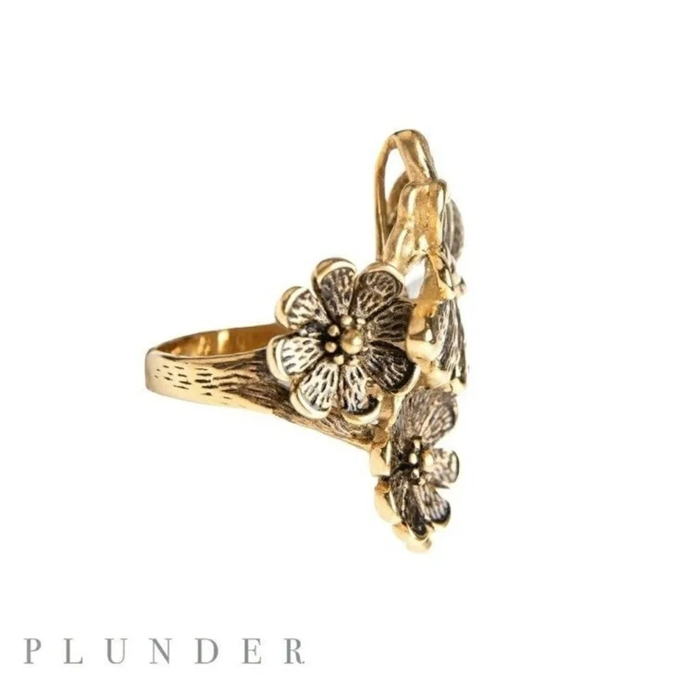 Plunder Design Antique Gold Butterfly Floral Statement Ring‎ Size 7